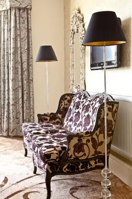 a living room with a chair and a lamp at Pontlands Park Hotel in Chelmsford