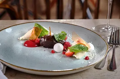 a plate of desserts on a table at The Crown Inn in Stoke by Nayland