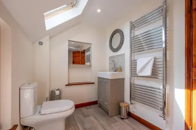 a bathroom with a toilet and a sink and a mirror at 3 Beach Cottages - Aldeburgh Coastal Cottages in Thorpeness