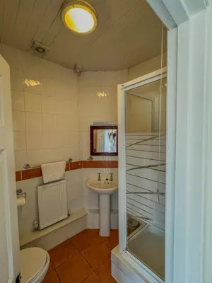 a bathroom with a shower and a sink and a toilet at The White Horse Hotel in Leiston