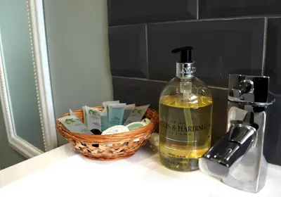 a bathroom counter with a bottle of soap and a basket of money at The White Horse Hotel in Leiston