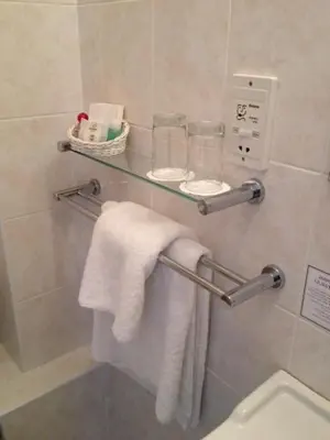 a bathroom with a toilet and towels on a wall at Ashley Hotel in Cambridge