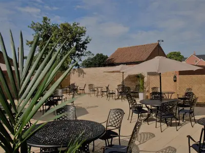 an outdoor patio with tables and chairs and a plant at The Bird in Hand in Ashwellthorpe