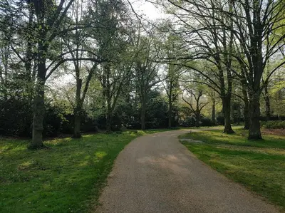 a path in a park with trees and grass at Spacious Country House Apartment in Newmarket