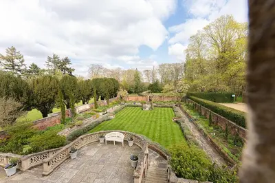 an aerial view of a garden with a bridge at Beautiful Country House Apartment in Newmarket