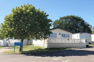 a white house with a tree in front of it at Mikanda Lodge in Clacton-on-Sea