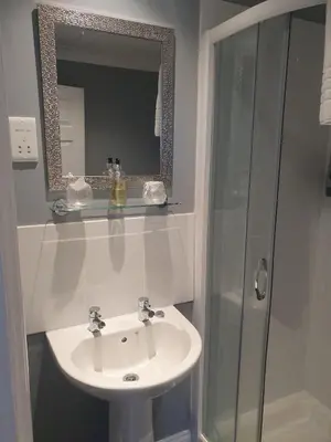 a bathroom with a sink and a shower with a mirror at The Nags Head in Norwich