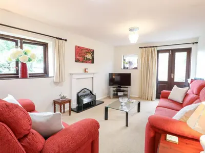 a living room with two red couches and a fireplace at Lowbrook Cottage in Diss