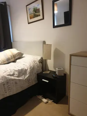 a bedroom with a bed and a night stand with a lamp at Fully equipped Large 3 bedroom in Bishops Stortford