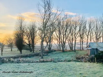 a house in the middle of a field with trees at Marsh View Cottage, Aldeburgh in Aldeburgh