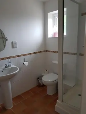 a bathroom with a toilet and a sink and a shower at The Brambles B&B in Waterbeach