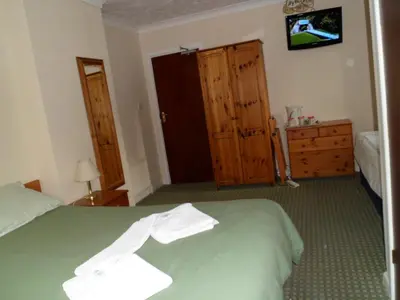 a bedroom with a green bed and a dresser and a television at Carlton Lodge in Cambridge