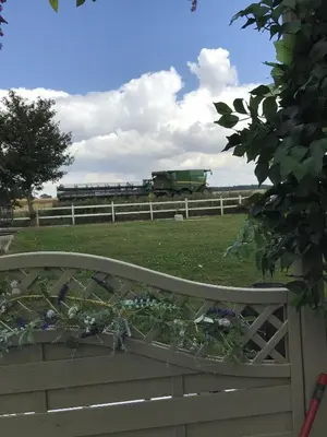a bench with a train in a field behind a fence at Old Thatch Bambers Green in Takeley