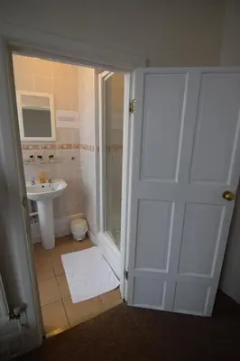 a bathroom with a shower and a toilet and a sink at Castle Lodge in Ely