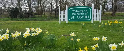 a sign in a field with flowers in the grass at Wayside Cottage in Saint Osyth