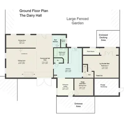 a floor plan of the dairy hall at Partridge Lodge Self Catering houses in Woodbridge