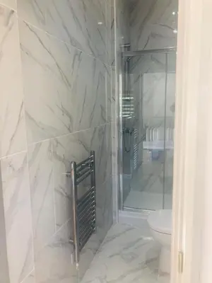 a bathroom with a shower and a toilet at Elmcroft Guest House in Epping