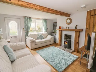 a living room with a couch and a fireplace at 2 Hillside Cottages in Ipswich