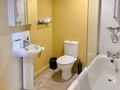 a bathroom with a toilet and a sink and a tub at Black Buoy Inn in Wivenhoe