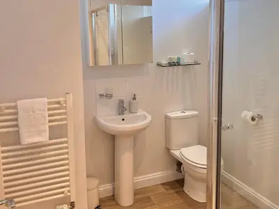 a white bathroom with a toilet and a sink at Black Buoy Inn in Wivenhoe