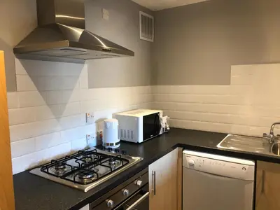 a kitchen with a stove and a microwave at Adam And Eve Street Apartment in Cambridge