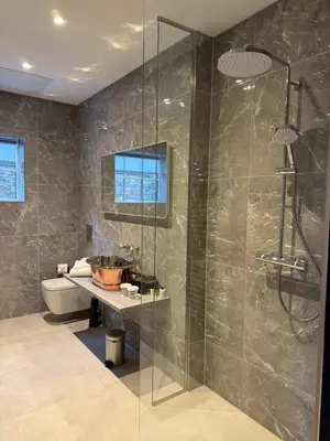 a bathroom with a shower and a sink and a toilet at Poets House in Ely