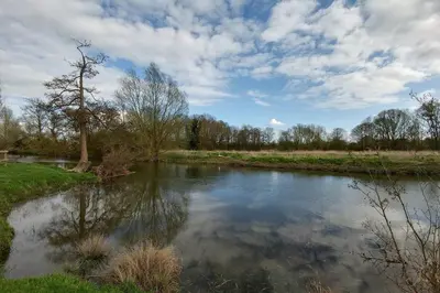 a river in a field with trees and clouds in the sky at The Bird House at Woodburn Cottage in Dedham