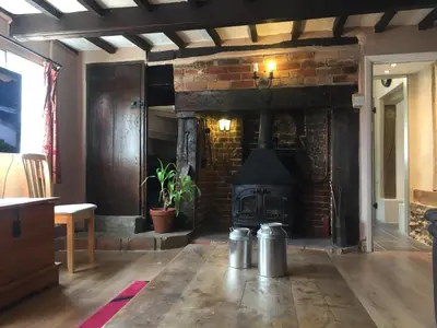 a fireplace in a living room with a brick wall at Myrtle cottage in Dickleburgh