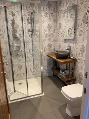 a bathroom with a shower and a sink and a toilet at The British Queen, Meldreth in Meldreth