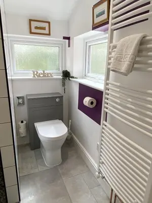 a small bathroom with a toilet and a window at CopperBeech Bed and Breakfast in Yoxford