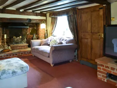 a living room with a couch and a fireplace at Tattlepot Farmhouse in Tivetshall Saint Margaret