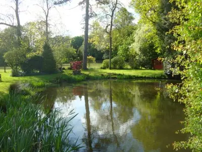 a pond in the middle of a park with trees at Cobblestones in Benington