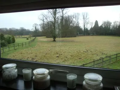 a view of a field from a window with jars and a field at Cobblestones in Benington