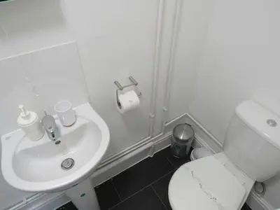 a white bathroom with a toilet and a sink at The Tas Suites - Tas Accommodations in Cambridge