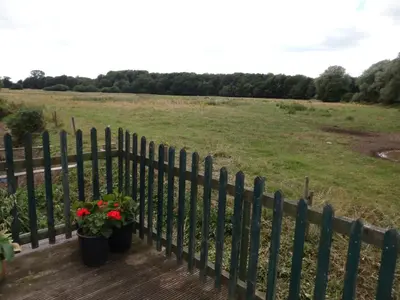 a fence with flowers and a field behind it at The Elms in East Harling