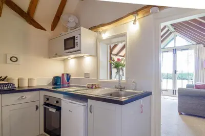 a kitchen with a sink and a microwave at Garden Cottage in Diss