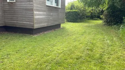 a grassy yard next to a house and a building at Wood Place in Diss