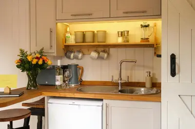 a kitchen counter with a sink and a vase of flowers at Piano Forte - a delightful rural shepherd hut & hot tub available ! in Rushford