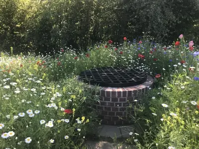 a garden with a fire pit in the middle of flowers at 1 Bed in Woodbridge oc-stabu in Ufford