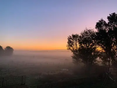 a foggy sunrise in a field with a fence at Elm Cottage at Gravel Farm in Stretham
