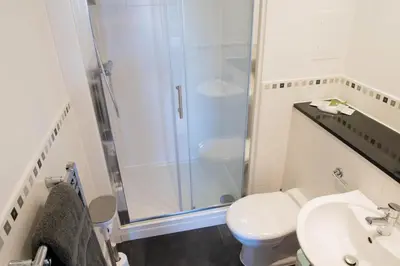a bathroom with a shower and a toilet and a sink at Toothbrush Apartments - Ipswich Waterfront - Anchor St in Ipswich