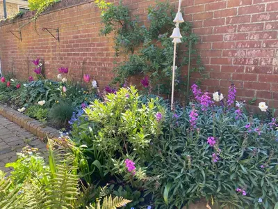a garden of flowers and plants next to a brick wall at Stylish Town Centre House with Garden and Parking Opposite in Bury Saint Edmunds