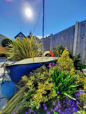a boat sitting in a garden with flowers at Viva Guest House in Clacton-on-Sea