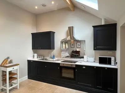 a kitchen with black cabinets and a stove top oven at The Nest-Cambridge in Cambridge