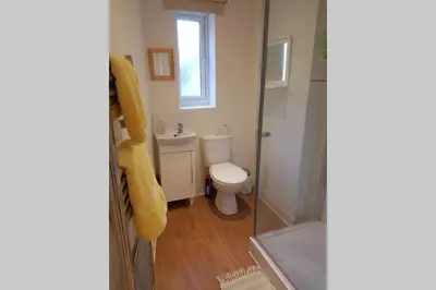 a bathroom with a toilet and a glass shower at Cosy, self contained annex in Cambridge