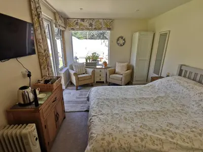 a bedroom with a bed and a tv in a room at The Garden Room in Leiston