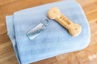 a dog biscuit keychain and a dog tag on a towel at Chestnut Cottage at Gravel Farm in Stretham