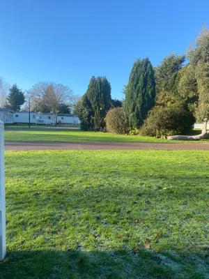 a field of grass with trees and a road at Kellys Holiday Homes 24 Willerby 2 bedrooms caravan in Weeley