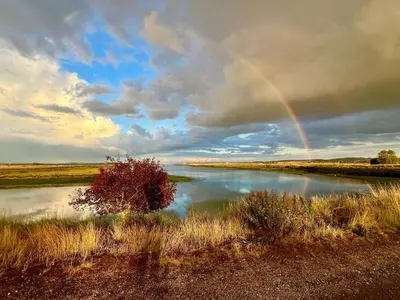 a rainbow in the sky over a river at Westbury House in Rochford