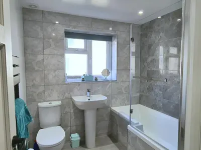 a bathroom with a toilet and a sink and a shower at Westbury House in Rochford